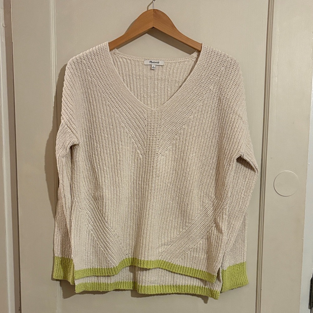 Madewell Cream and Lime V-Neck Sweater